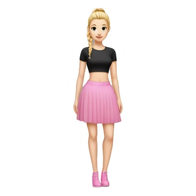 White girl, high heels, black pleated miniskirt, pink croptop, pink ponytail sticker