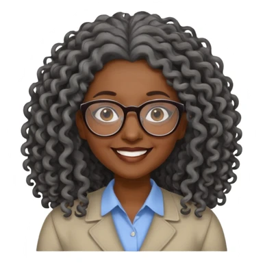smiling dark older black woman wearing glasses with lots of long curly gray hair a sticker
