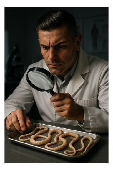 A middle-aged male kinesiologist wearing a pristine white lab coat, intensely analyzing long, beige tapeworms (like Taenia) under a magnifying glass. His expression is focused and slightly concerned, with dramatic studio lighting casting sharp shadows. The parasites are highly detailed, moist, and textured, stretched across a sterile metal tray. The background is blurred but suggests a clinical environment—hints of a microscope, medical charts, and clean lab equipment. The style is hyper-realistic, with a cinematic contrast between the bright white coat and the grotesque, organic forms of the parasites. No sci-fi elements, just raw medical realism with a disturbing edge sticker