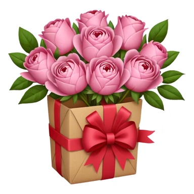 Bouquet of pink flower like rose and peony wrapped in kraft paper with red bow sticker