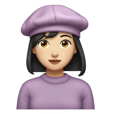 korean girl short black hair sharp jawline, attractive wearing a lilac sweater and beret sticker