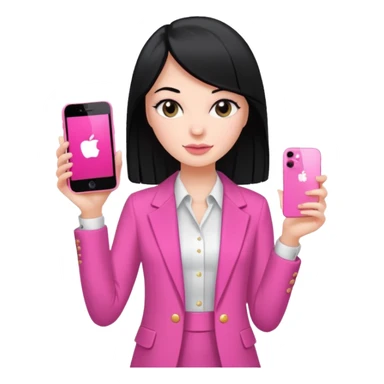 chica blanca con pelo negro liso sosteniendo con una sola mano un celula iphone 13 rosa, con vestimenta d salir de fiesta sticker