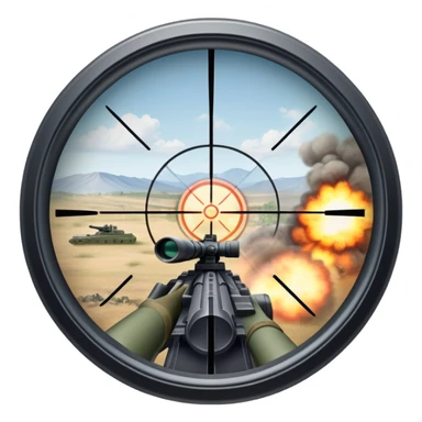 An icon symbolizing first-person shooter games. The design features a circular sniper scope view with crosshairs aimed at a distant target. The background shows a battlefield with soldiers and explosions, capturing the action-packed intensity of FPS games. Transparent background. sticker