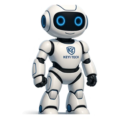 Lonna, the intelligent robot of Keyi Tech, standing confidently, shiny white shell, blue highlights, visible Keyi Tech emblem sticker