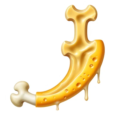 Shredded cheese emitting ethereal golden glow toward a femur bone that shows a healing process with bright golden spots. A luminous K2 vitamin symbol floats nearby, directing the healing energy from the cheese to the specific healing points on the bone. sticker