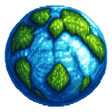 Add more 3D depth and shading to this pixel art globe icon, enhance highlights and shadows, keep background transparent, maintain pixel art style with enhanced 3D effect and lighting. sticker