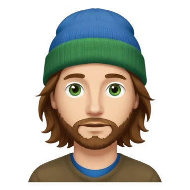 white man
aged 40
Blue eyes, 
mid length brown wavy hair
Green beanie hat sticker