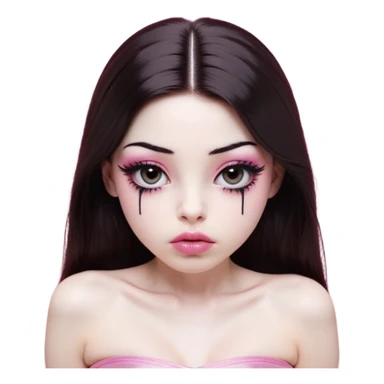 girl with white skin, dark brown long straight hair falling in front of her body, very big pouty extra shiny lips with absolutely no cupid's bow, shiny large eyes with black eyeballs and long eyelashes, lighter button nose, very long oval-shaped face, wearing a pink bandeau top with straight neckline, looking directly at camera with hands down at sides sticker