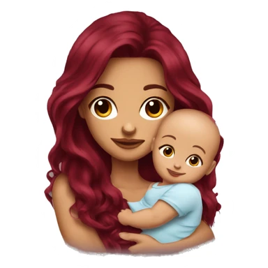 Beautiful tattooed burgundy long haired woman holding a baby sticker