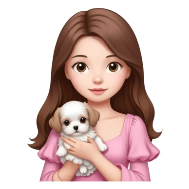 beautiful girl with long hair wearing pink dress holding a white Maltese puppy sticker