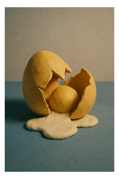 A golden broken egg in claymation style, matte texture with visible fingerprints, pastel colors. sticker