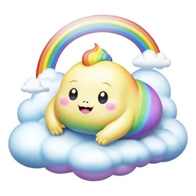 3D, Kawaii derpy fat rainbow monster laying on a magic rainbow cloud, rich textures, visually detailed, so lifelike that it feels like it could leap off the page at any moment sticker