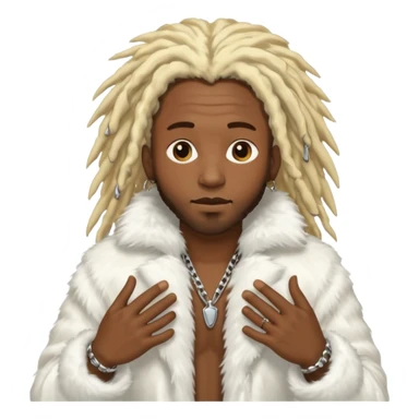 black man with blonde dreadlocks hanging down, wearing an all white fur coat, surrounded by chrome sticker