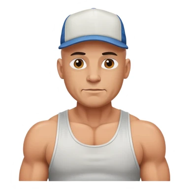 Bald muscle bound man in a tank top, with a trucker hat sticker