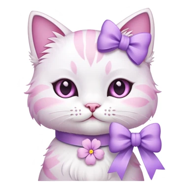 white and pink cat holding lilac flowers with a bow on its neck, emoji style sticker