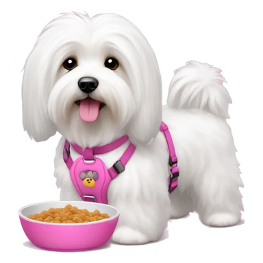 Long haired Coton de Tulear dog with pink harness and pink hair clip, pink dog bowl with kibbles sticker
