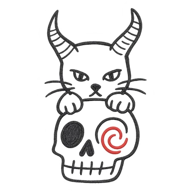 Add a black cat with large demon horns, front paws resting on the skull, hand drawn style with bold lines, no fill, preserve the red spiral on the cheek, transparent background. sticker