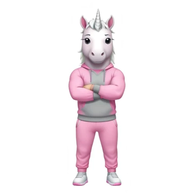 friendly anthropomorphised male white unicorn with a fit, chunky, muscular and strong physique, arms and legs matching the white of the head, wearing grey tracksuit pants and pink jumper, sunglasses, standing with arms folded sticker