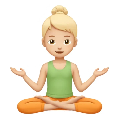 Flat illustration emoji of a small child practicing yoga, simple pose, calm and happy expression, soft pastel colors (yellow, green, soft orange), rounded shapes, minimal details, child-friendly, gentle and warm style, vector illustration, no background, cohesive style with kindergarten branding sticker