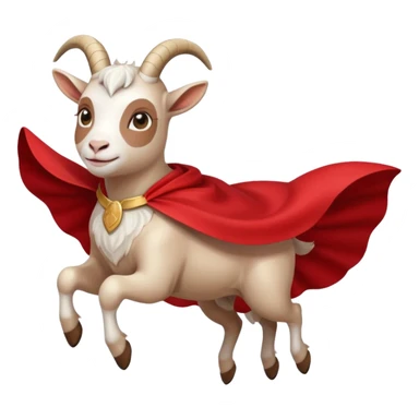 side view of white female goat wearing a read cape like superman sticker