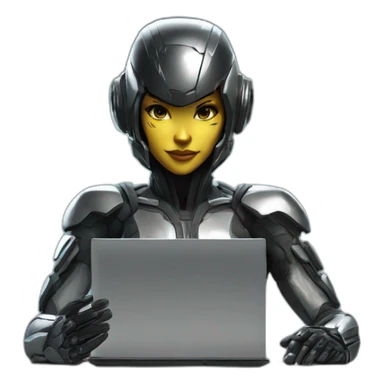 Girl developer behind his laptop with this style : Crytek Crysis Video game with nanosuit character hacker themed character sticker