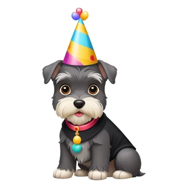 A schnauzer dog wearing a colorful birthday hat sticker