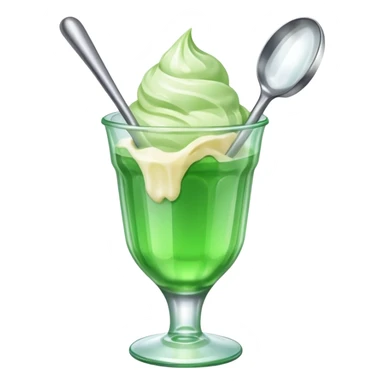 Create an emoji with a clear rounded glass, bright transparent green soda, vanilla ice cream scoop sticker