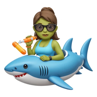 orc female sitting in an inflatable floatie shaped like a shark, wearing oversized sunglasses and a whistle on a neck cord, 2d sticker