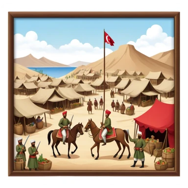Early Ottoman settlement being built. Wooden houses, tents, and a small market. People in traditional Ottoman clothes, soldiers on horseback, and a flag waving sticker