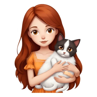 beautiful skinny fair woman with long dark brown-reddish hair in light dress hugging a cat with fluffy black, orange and white fur sticker
