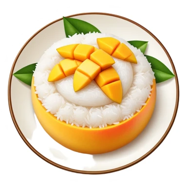 cinematic-realistic-mango-sticky-rice-dessert-emoji,-showcasing-sweet-sticky-rice out of a mould-paired-with-ripe-mango-slices-and-coconut-milk-rendered-with-lifelike-detail-and-warm,-inviting-lighting with the coconut  milk over the rice sticker