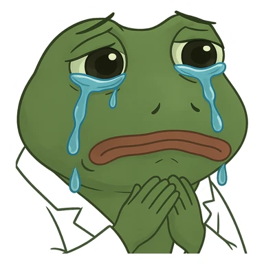 Add visible tears to the bufo frog doctor with a white coat, teary sad eyes, direct gaze, no background. Maintain the bufo frog style and emphasize the tears and sadness in the eyes clearly. sticker