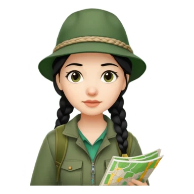 A braid black hair backpacking woman checking her map with curious eyes while walking in the woods with camping hat full body sticker