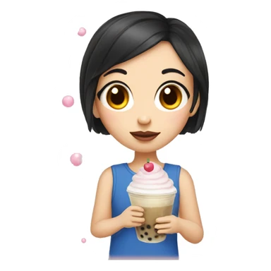 girl with short dark hair with bubble tea and cake sticker