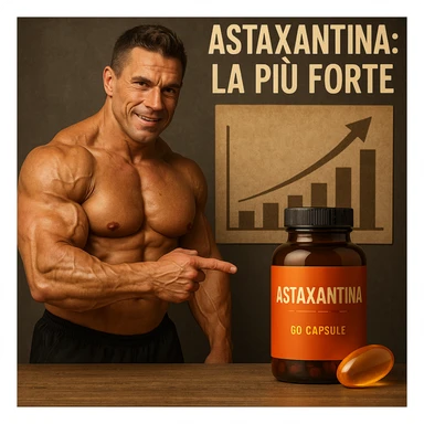 hyper realistic bodybuilder pointing at Astaxantina bottle in front of chart, sculpted muscles, orange and golden capsule next to it, text 'Astaxantina: la più forte', motivational atmosphere sticker