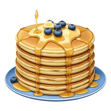 Tall stack of pancakes with butter blueberries and syrup sticker
