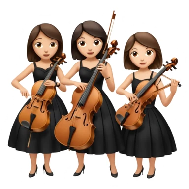 Create an imagine of three brunette women playing string instruments in black dresses, the first is playing a cello, the second is playing a viola and the third is playing the violin sticker