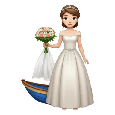 Chica blanca,cuerpo entero, vestido boda cuello barco y , pelo castaño,   1 ramo de flores , pelo recogido con tiara añadido en la parte de atrás del vestido sticker