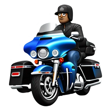 angled view of a harley davidson electra glide ultra classic with big blue pearl and vivid black two color paint scheme with midsize recurve windshield, two antennaes, and an older white man without a helmet sitting on the front seat. sticker