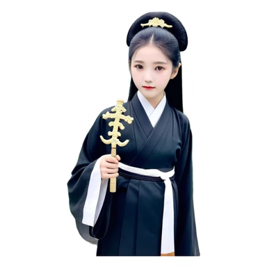 一个中国女孩，有着长长的黑色直发，浅色的皮肤，穿着浅紫色旗袍，抱着一只绿色眼睛的狸花猫 sticker