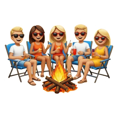 Born fire and people sitting beside born fire on chairs. Born fire is in the centre sticker