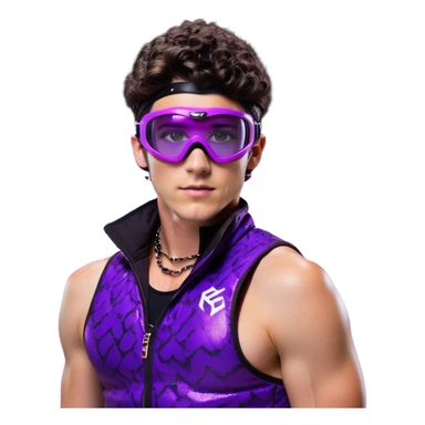male athlete with white skin and moderately curly dark brown hair on top with shaved sides, wearing ski goggles with purple frames and very dark black lenses, a simple plain black chain necklace, and a completely unzipped sleeveless vest with purple and black sequin fire pattern design with no logo, fully revealing his chest, shoulders and arms, no earrings sticker