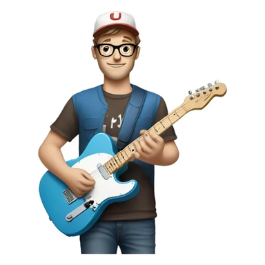A nerdy white guy with glasses with short brown hair wearing a baseball cap playing a blue classic telescaster sticker