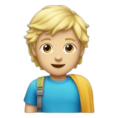 A child with blond hair and a blue T-shirt sticker