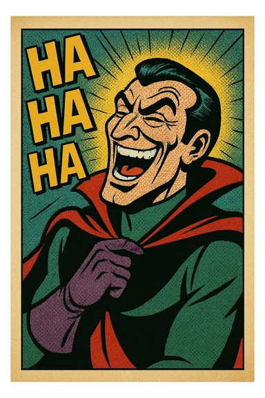 a villain laughing dramatically, old school comic book style sticker