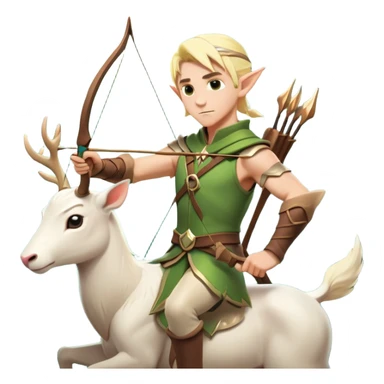 clash-of-clans-aesthetic-blond-male elf-archer-portrait-emoji, rendered in a flat, vector-style with minimal shading and bold holding his bow, simplified shapes, head tilted slightly forward with a determined, focused expression, riding a majestic white stag whose antlers glow with mystical energy, set against an ancient, enchanted forest backdrop. sticker