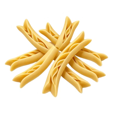 group of dry pasta pieces (penne, fusilli, farfalle), 3 to 5, smooth matte texture, pale yellow color, clean and dry, curved or twisted, 3D clean style sticker