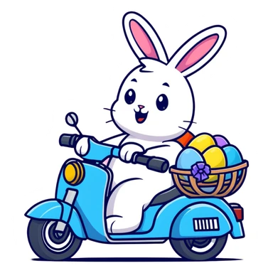 Easter bunny riding a BMW boxer motorcycle with trees and grass in the background, colorful Easter eggs hidden in the grass, and more bunnies watching from the side of the road sticker