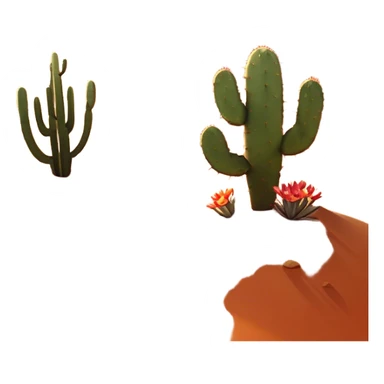 Cinematic Realistic Desert Emoji, Expansive and arid, with vast stretches of golden sand dunes and scattered cacti, the sun casting a warm, almost orange glow over the dry, cracked earth. The horizon blurs into a heat shimmer, while the occasional desert flower adds a splash of color to the barren landscape. Soft glowing outline, capturing the essence of the harsh yet stunning beauty of the desert, calm and quiet, filled with silence and mystery. sticker