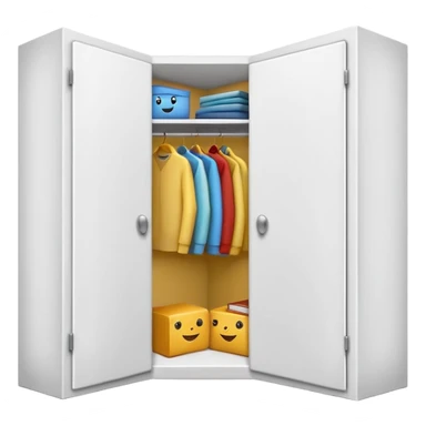 Simple L-shaped corner closet made of smooth white PVC, emoji-style. Two plain doors, one on each side, opening outward like a book from the corner.  sticker